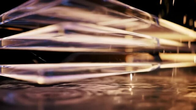 Abstract close up of stacked transparent rectangular objects with reflections
