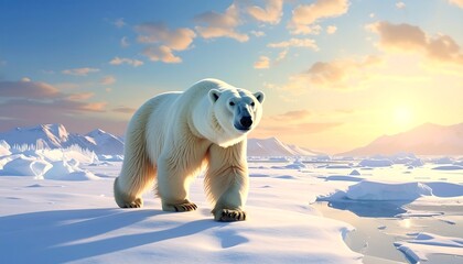 Polar bear walks on ice.