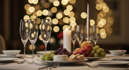 Naklejka premium Festive dinner table with champagne flutes, grapes, cheese, and fruit. Blurred Christmas tree lights in background