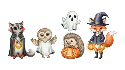 Halloween Enchantment: A charming collection of Halloween-themed illustrations showcasing delightful sugar glider, an owl in a white sheet, a playful ghost, a hedgehog carrying a pumpkin.