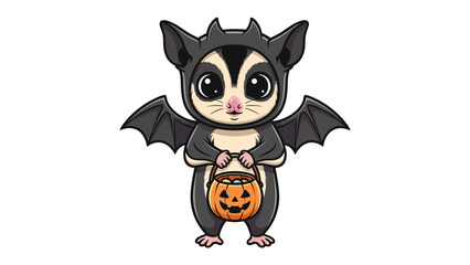 Cute Halloween Sugar Glider: A whimsical illustration features an adorable sugar glider dressed in a bat costume, gleefully holding a glowing jack-o'-lantern.