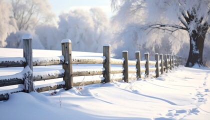 Snow-covered fence in winter