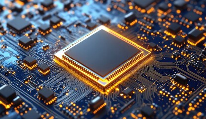 Close-up of a central processing unit (CPU) on a circuit board, highlighted with warm, golden light