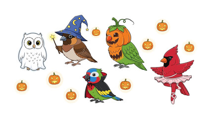 Whimsical Halloween Avian Assembly: A charming ensemble of uniquely dressed birds, set against a festive backdrop of pumpkins, brings the enchantment of Halloween to life.