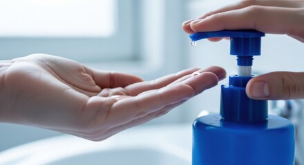 Person dispensing soap from a blue bottle into their hand in a bathroom setting near a window