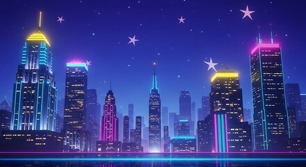 Vibrant and futuristic cityscape silhouette adorned with shining stars