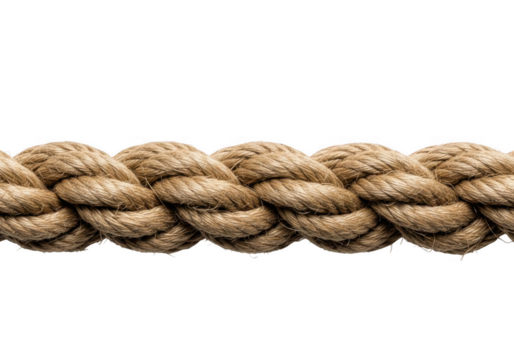 Closeup of a thick, twisted rope isolated on transparent background, showcasing its texture and strength in a detailed, horizontal composition