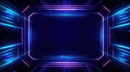 Neon geometric frame with light trails and bokeh on a dark, futuristic background
