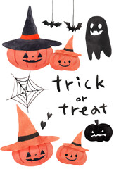 할로윈 호박과 거미줄 유령 수채화 일러스트