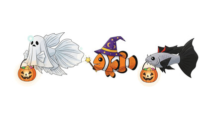Halloween Fishy Trio: Three aquatic friends dressed in creative Halloween costumes, each holding a trick-or-treat bucket, create a whimsical atmosphere of fun and fantasy. 
