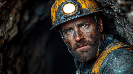 Fototapeta premium Coal miner in gear working underground in dark tunnel Generative AI