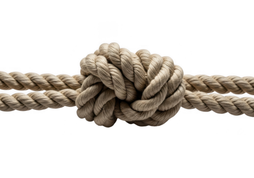 Closeup of a rope with a knot isolated on transparent background, symbolizing connection, strength, and unity in nautical or metaphorical contexts