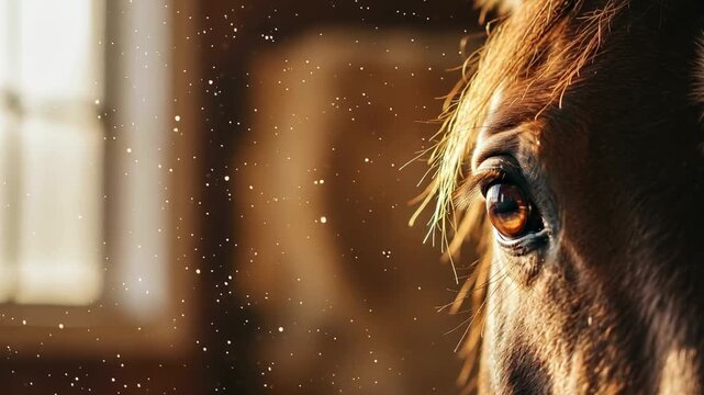 Close-up of a brown horse's eye with soft sunlight illuminating its features. Dust particles float in the air, creating a serene atmosphere.