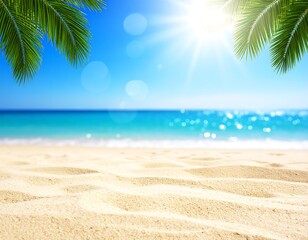 Fototapeta premium Tropical beach scene with sun and palm leaves