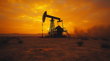 Oil rig operates in desert landscape during sunset Generative AI