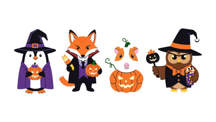 Halloween Costume Animals in a Row: A delightful array of cartoon animals, each dressed in charming Halloween costumes, are lined up, evoking the spirit of spooky fun and whimsical celebrations.