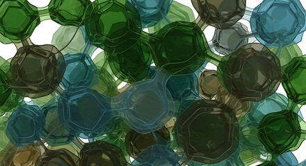 Abstract interconnected translucent polygons in green, blue, and brown, forming a complex geometric pattern.