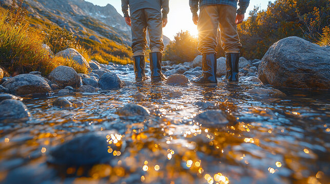 Men pan for gold in a mountain stream during sunset Generative AI