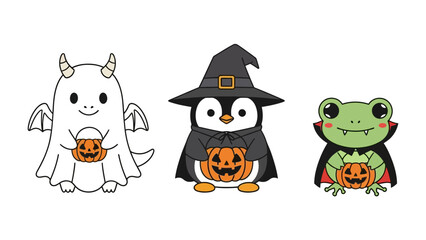 Halloween Cartoon Characters: Embrace the spirit of Halloween with this charming group of cartoon characters, each dressed in delightful costumes and holding a Halloween pumpkin.