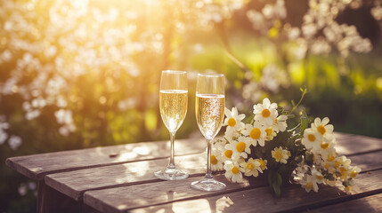 A wood table with spring flowers and champagne glasses in an outside © C R