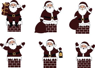 Santa Claus in Chimney Cartoon Set, Christmas Holiday Clipart, Cute Festive Illustration, Santa with Gifts, Winter Decoration, Merry Xmas Vector Collection