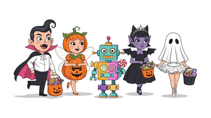 Spooky Halloween Friends: A colorful gathering of costumed characters, including a vampire, pumpkin fairy, robot, bat-girl, and ghost, ready for a night of trick-or-treating. 