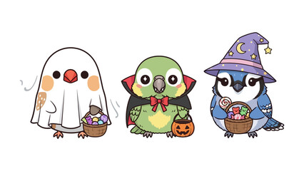 Halloween Bird Trio: Three adorable birds in festive costumes, embodying Halloween spirit with playful charm and whimsical details, creating a captivating scene of seasonal fun.
