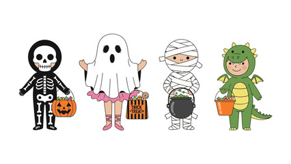 Spirited Halloween Characters: A charming gathering of costumed children ready for trick-or-treating, dressed as a skeleton, a ghost, a mummy, and a dragon.
