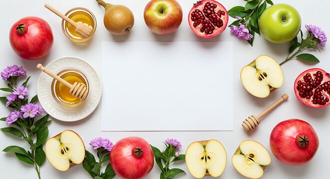 Rosh hashanah concept with honey, apple and pomegranate isolated on white background traditional holiday symbols jewish new year greeting card