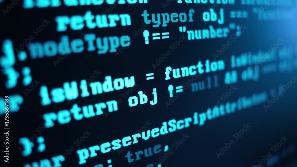 Wall mural Close up of computer monitor screen with blue programming code, hacker background, software development, cyber security, coding technologies and digital innovation concept