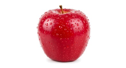 Closeup of a shiny red apple with water droplets isolated on white background, showcasing its vibrant color and fresh, juicy appearance