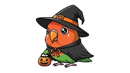 Halloween parrot wearing witch hat: A whimsical illustration features a charming parrot decked out in a witch's hat and cape, clutching a miniature jack-o'-lantern.