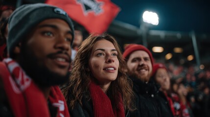 Diverse football fans wearing red scarves watching live stadium match together, showing unity, focus and excitement during winter sports event