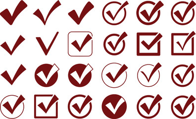 Collection of Maroon Check Mark Icons and Symbols on White Background
