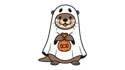 Spooky otter with candy: A charming otter, dressed in a whimsical ghost costume, clutches a jack-o'-lantern candy bag, ready for trick-or-treating in a fun Halloween scene.