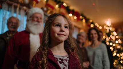 Smiling young girl standing in festive living room with Christmas tree, family, and Santa Claus in background, capturing joy and warmth of holiday celebration