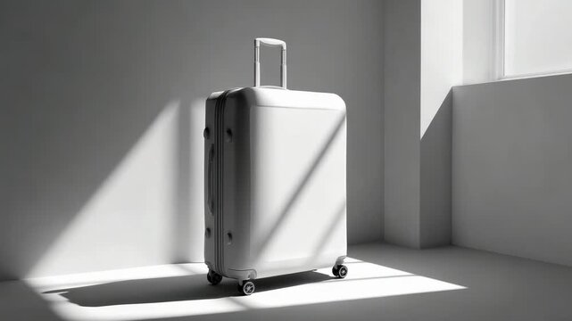 A white hard-shell suitcase on wheels stands in a sunlit minimalist room, with geometric shadows on the floor.