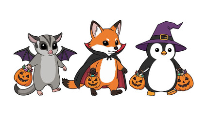 Whimsical Halloween Trio: An adorable sugar glider, fox, and penguin are dressed in cute halloween costumes, each carrying a pumpkin lantern, in a charming and playful illustration.
