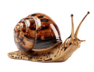 Close-up of a snail, shell with brown and tan markings, moving forward