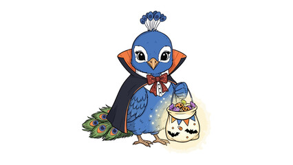Halloween Peacock's Treat: A whimsical illustration depicts a cute peacock character in Halloween costume, trick-or-treating, carrying a candy bag