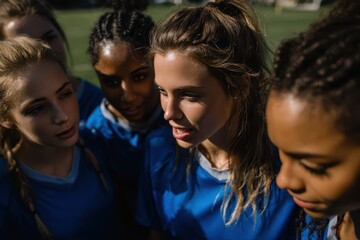 Close-up of diverse group of young female soccer players in blue uniforms huddling together outdoors on sunny field, showing teamwork and determination