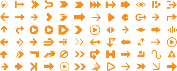Collection of Orange Arrow and Play Icons on White Background