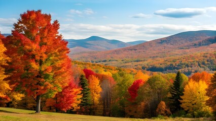 Fototapeta premium Brilliant Autumn Foliage Transforms The Landscapes Of Vermont, USA Into A Tapestry Of Red, Orange, And Gold, Creating A Scenic And Iconic Display Of Seasonal Beauty In New England