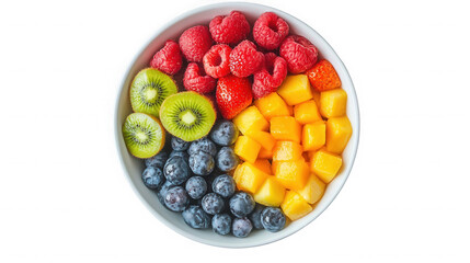 Bowl of fresh mixed fruit isolated on transparent background, top view angle