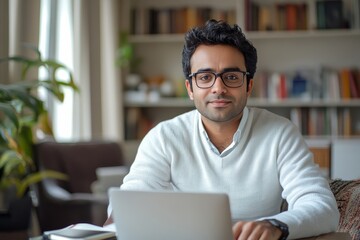 Indian man in a living room on a business video call, engaged in a professional conversation and maintaining a confident and focused demeanor while working remotely, Generative AI