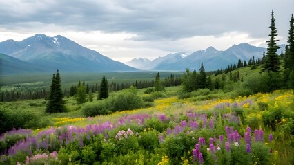 Naklejka premium Majestic Denali National Park In Alaska Showcases Towering Peaks And Vibrant Wildflowers Blanketing The Meadows, Creating A Stunning Contrast Of Rugged Wilderness And Delicate Beauty