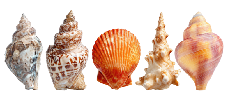 Assorted seashells in various colors and shapes