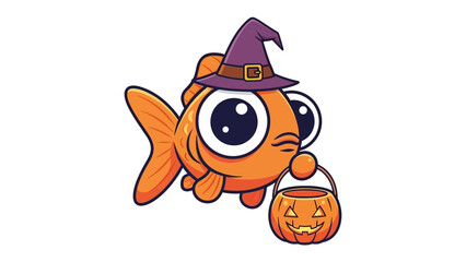 Halloween Goldfish: A whimsical illustration of a goldfish, adorned with a witch's hat, playfully holding a pumpkin-shaped candy basket, ready to celebrate the spooky season.