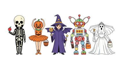 Whimsical Halloween Characters: A charming collection of costumed characters embody the spirit of Halloween. This illustration captures the playful essence of the season.
