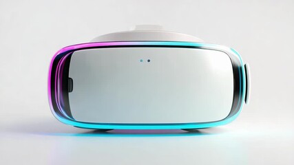 A white virtual reality headset with a reflective visor and neon pink-to-blue rim. - Powered by Adobe